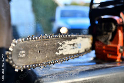 Werkzeug des Gärtners: Detail vom Sägeblatt der Kettensäge.