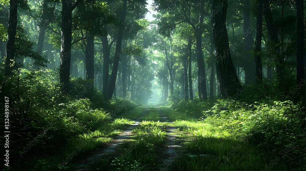 Obraz premium Lush Green Forest Pathway Illuminated By Bright Sunlight And Casting Shadows Through Tall Trees