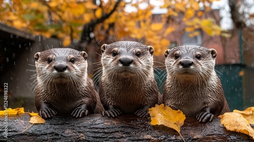  three otters sitting on top of a log in the rain, surrounded by leaves In the background, there are trees and a building, and the image is slightly blurred photo