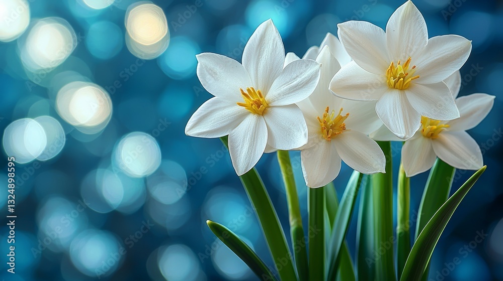 Naklejka premium a vase filled with white daffodils on top of a table, with their stems and leaves visible The background is slightly blurred, giving the image a dreamy feel