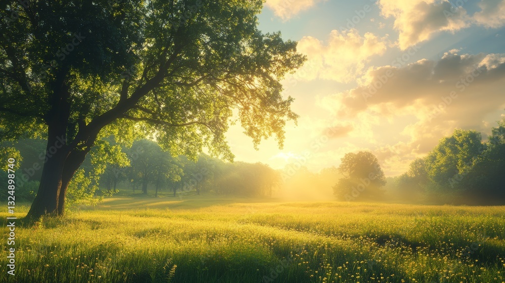 Obraz premium Serene Sunrise Meadow: Golden Light Illuminates Tranquil Landscape