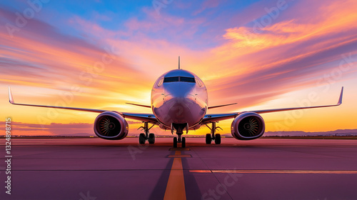 A commercial airplane on the runway at sunrise, with the golden sun glowing behind it, creating a dramatic silhouette.