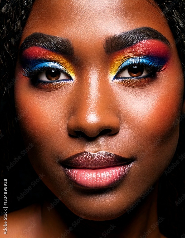 dark skinned woman's face with vibrant make-up