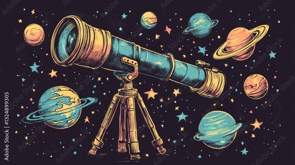 Naklejka premium Abstract image of a telescope in the form of a starry sky or space, consisting of points, lines, and shapes in the form of planets, stars and the universe. Vector cosmos or space illustration