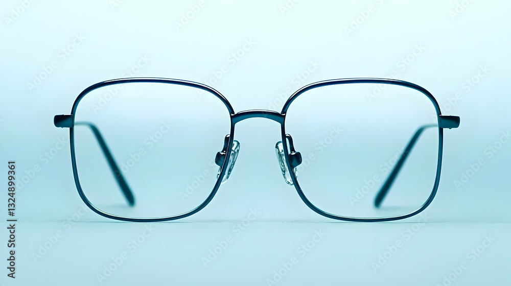 Fototapeta premium Square Metal Frame Eyeglasses In Blue Tone With Transparent Lenses On Light Blue Background