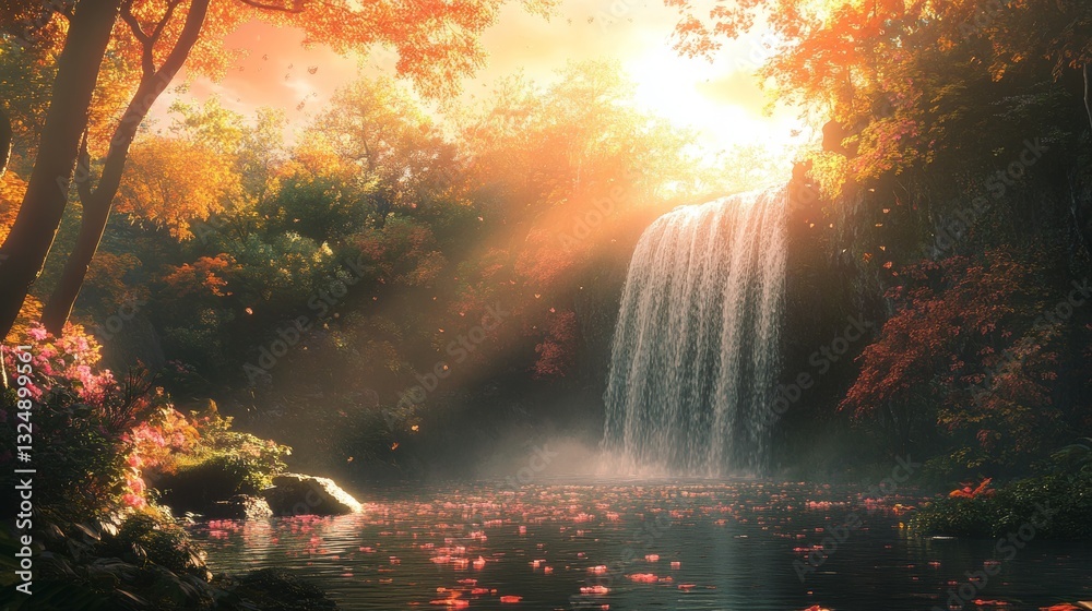 Fototapeta premium Autumn Waterfall Serenity: A Breathtaking Cascade in a Magical Forest