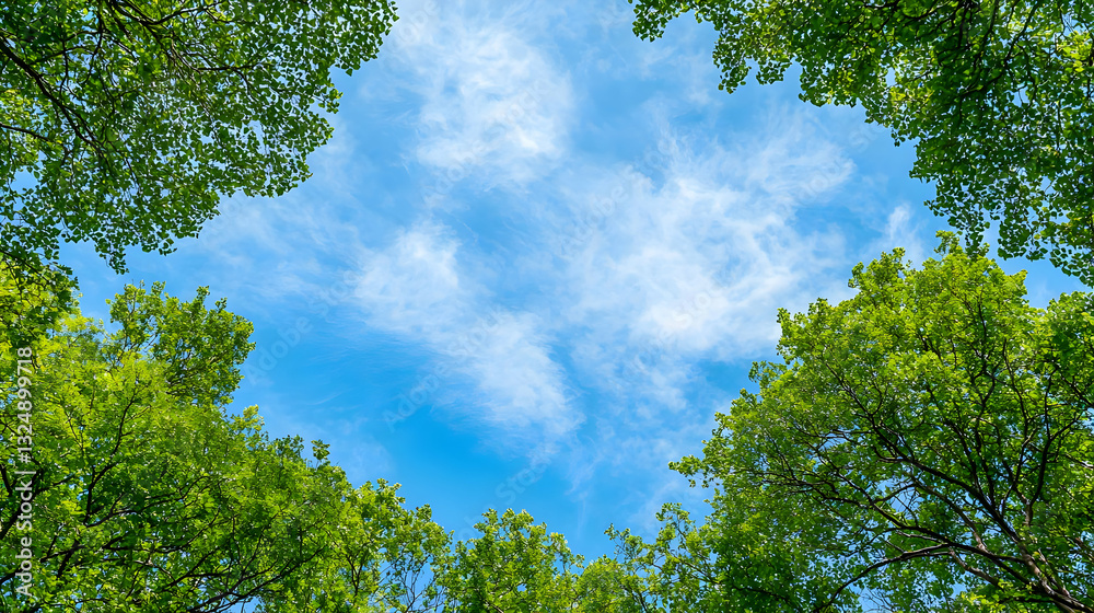 Vibrant Green Tree Foliage Framing A Bright Blue Sky With Wispy Clouds During Daylight Hours Vibrant Green Tree Foliage Framing A Bright Blue Sky With Wispy Clouds During Daylight Hours