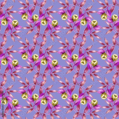 Bright seamless floral watercolor background. Ornament of purple, byzantium and reddish leaves, small yellow flowers.