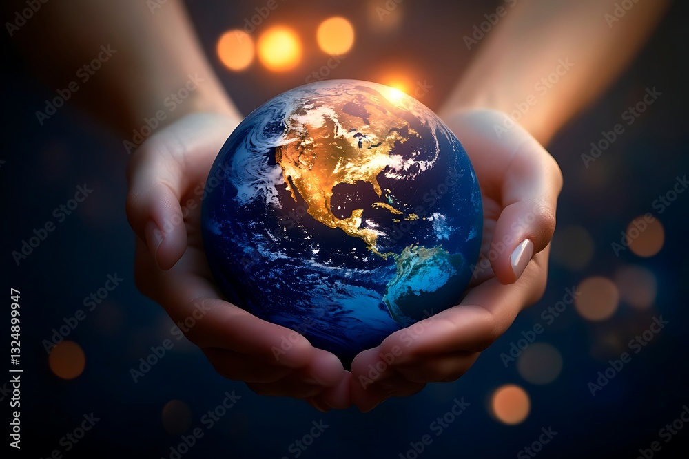Fototapeta premium hands holding planet, glowing planet earth, globe, world map