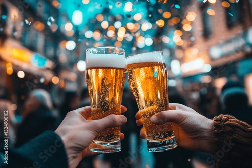 Cheers to friendship! Two friends clink their beer glasses, enjoying a festive night out. Golden hour light and bokeh.