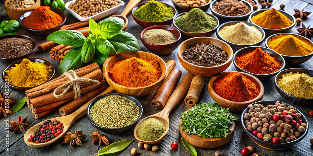 A vibrant collection of spices and herbs is artfully arranged on a wooden table, showcasing an assortment of colors and textures. The scene reflects culinary creativity and flavor A vibrant collection of spices and herbs is artfully arranged on a wooden table, showcasing an assortment of colors and textures. The scene reflects culinary creativity and flavor
