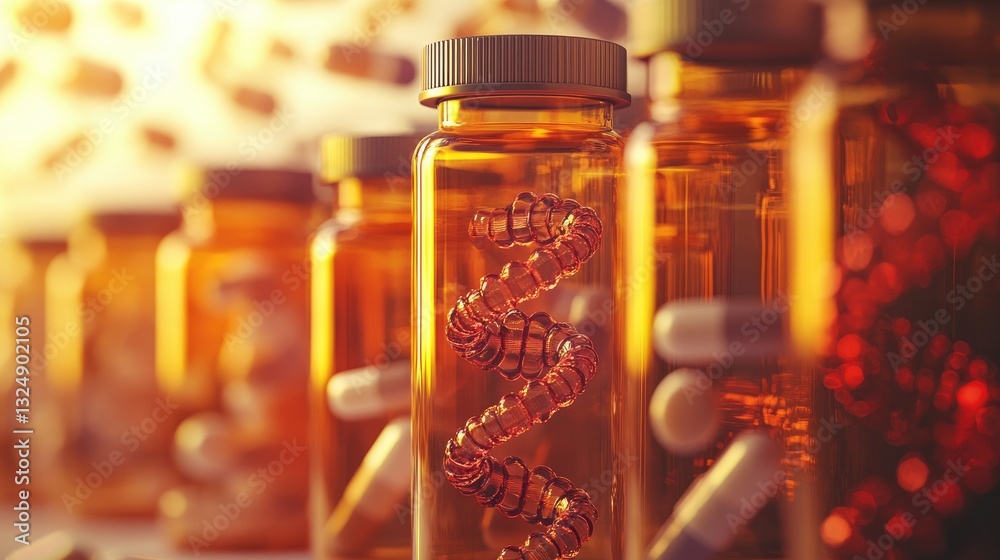 A creative composition of a DNA helix surrounded by medicine bottles, symbolizing genetics and pharmaceutical advancements. A creative composition of a DNA helix surrounded by medicine bottles, symbolizing genetics and pharmaceutical advancements.