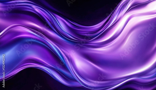 Abstract fluid holographic iridescent purple curved wave in dark background 3d render. Gradient design element for backgrounds, wallpapers, posters and covers.