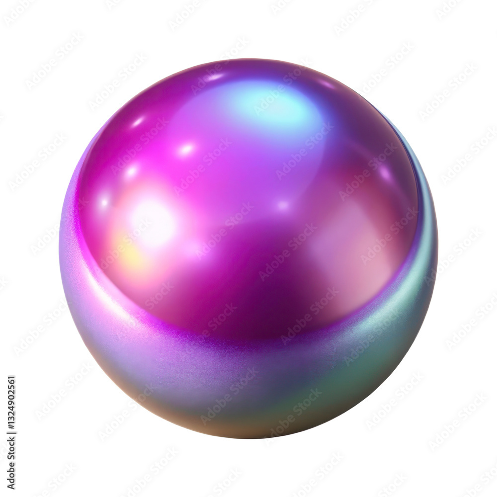 Obraz premium Iridescent real pearl-like sphere with smooth purple halographic reflective surface, 3D PNG plastic style, isolated transparent background