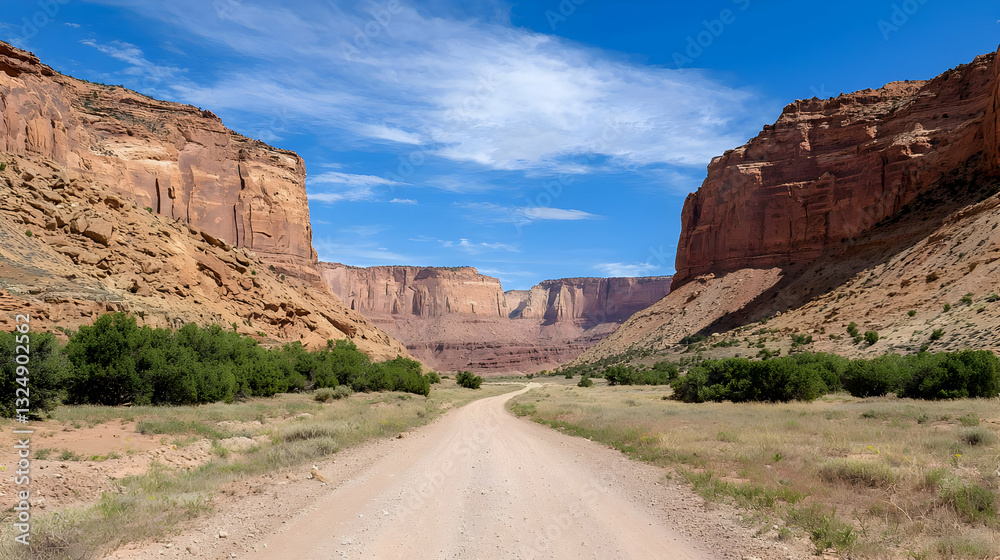 Dirt Road Through Red Rock Canyon Under Blue Sky with Green Vegetation in the American Southwest Dirt Road Through Red Rock Canyon Under Blue Sky with Green Vegetation in the American Southwest