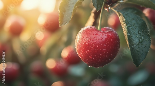 Wallpaper Mural Close-up of a juicy red cherry with water droplets, hanging on a branch in a sunlit orchard, ready for harvest. Ai generated Torontodigital.ca