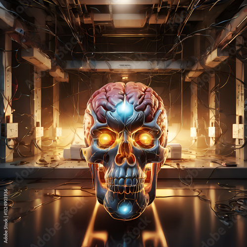 visual concept of Artificial intelligence with scull against urban background . technology background. Ai generated.