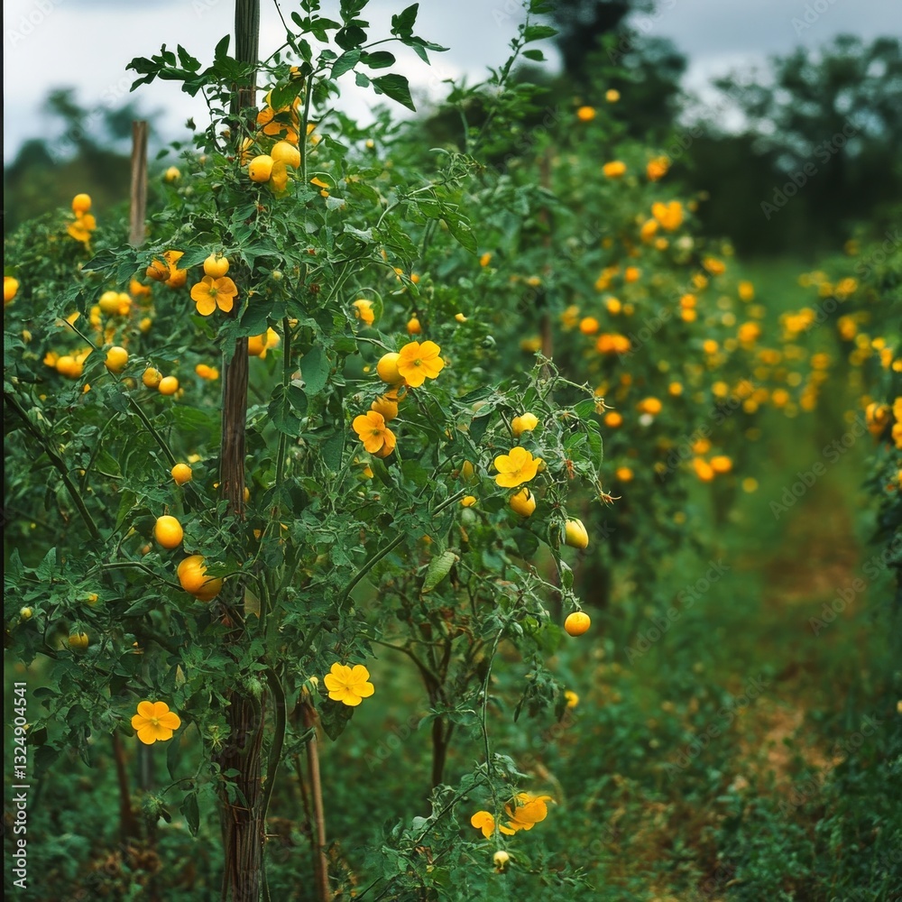 Bright yellow flowers bloom on tomato plants, yielding ripening fruit. Bright yellow flowers bloom on tomato plants, yielding ripening fruit.