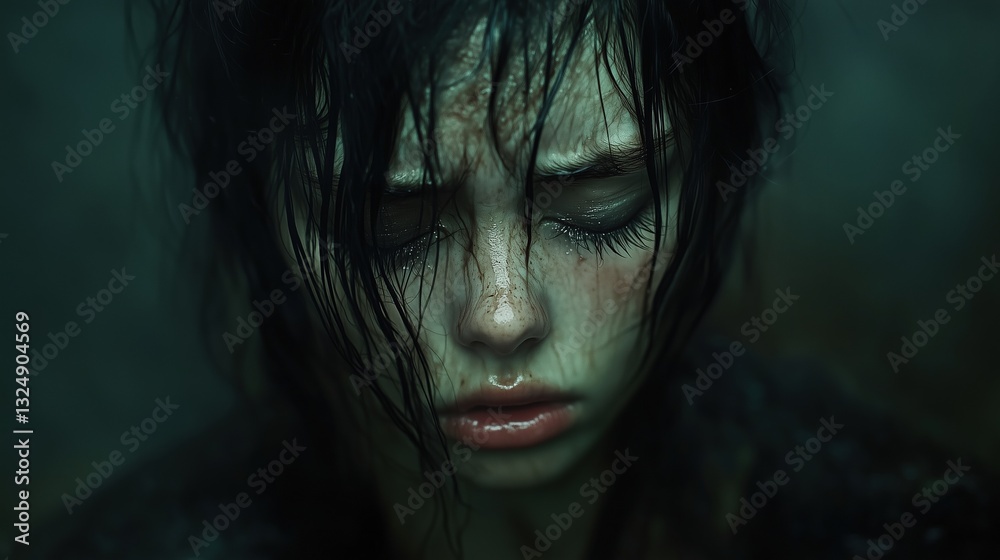 Sad woman with wet hair and face closing her eyes, feeling sadness and depression. Ai generated Sad woman with wet hair and face closing her eyes, feeling sadness and depression. Ai generated