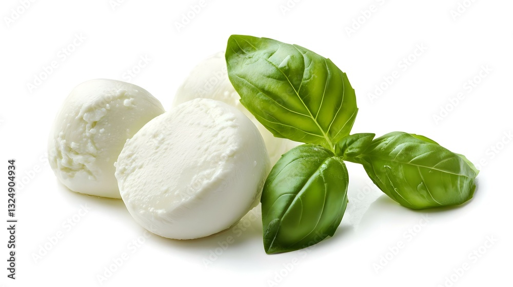 Fototapeta premium Fresh Mozzarella Balls with Basil Leaves Isolated on White Background