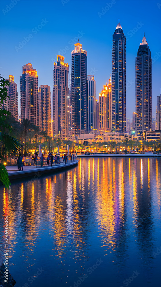 Fototapeta premium Bustling Urban Waterfront with Scenic Cityscape Reflection - A Perfect Blend of Modernity and Tranquility