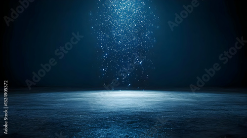 Dark Blue Illuminated Background With Falling Glitter And Reflective Surface Product Display Template Modern Minimal Design