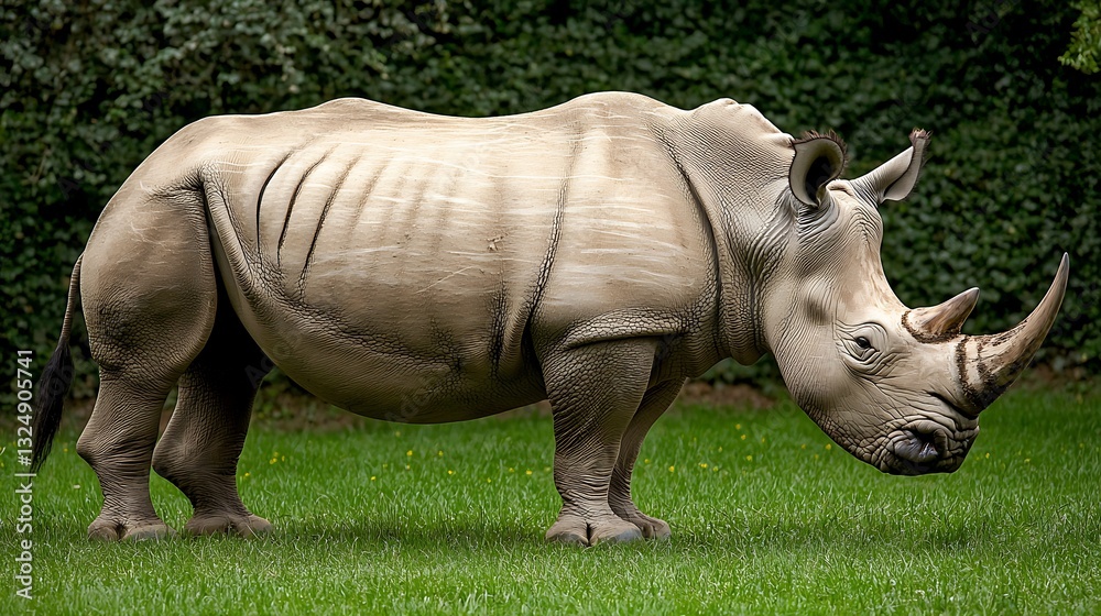 Obraz premium Powerful Gray Rhinoceros in Lush Green Field