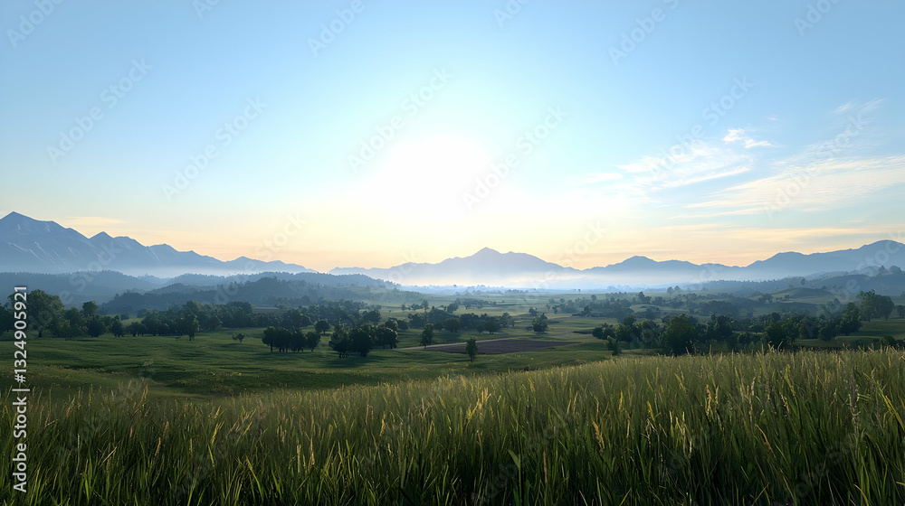 Vast Green Field Under Bright Sun And Clear Blue Sky With Distant Mountain Range and Horizon Vast Green Field Under Bright Sun And Clear Blue Sky With Distant Mountain Range and Horizon