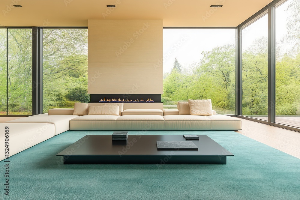 Fototapeta premium A spacious living room with expansive floor-to-ceiling windows and a sleek, minimalist-style sofa in ivory