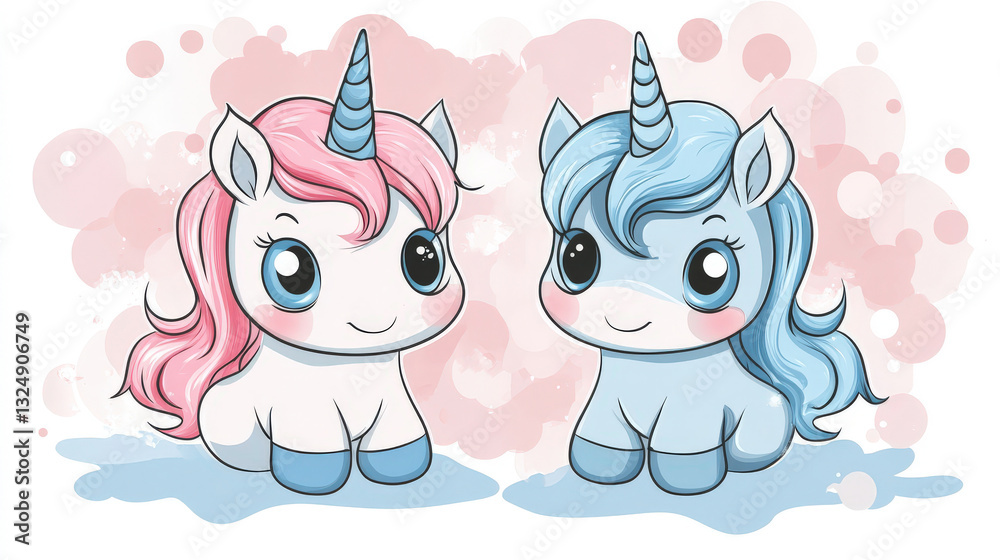 Obraz premium adorable kawaii unicorn with fluffy mane in blue and pink colors