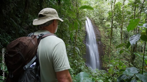 A hiker gazes upon a majestic cascading waterfall, surrounded by lush foliage, capturing the essence of adventurous serenity.