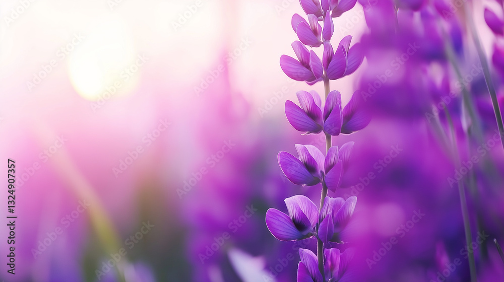 Naklejka premium Close-up of purple lupine flowers bathed in warm sunlight, creating a dreamy and soft-focus background. 