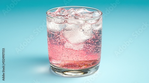 Refreshing pink drink with ice in a glass on a blue background.