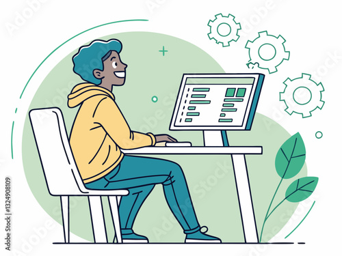 Flat vector illustration of a young intern sitting at a desk, looking at a computer screen with code and diagrams. Excited expression, casual hoodie and jeans. Fresh and modern color scheme: blue, gre