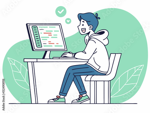 Flat vector illustration of a young intern sitting at a desk, looking at a computer screen with code and diagrams. Excited expression, casual hoodie and jeans. Fresh and modern color scheme: blue, gre