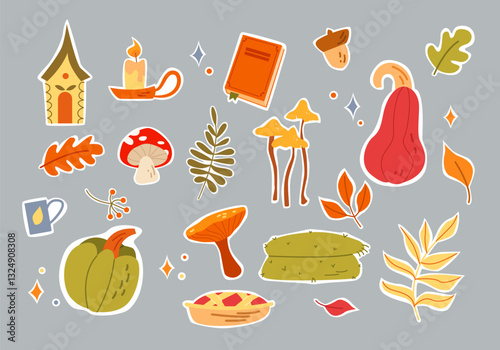 Set Fall Stickers Isolated. Autumn Elements: Mushrooms, Laves, Pumpkin, Pie, Coffee, Blanket, Candle, Book. Vector Illustration.