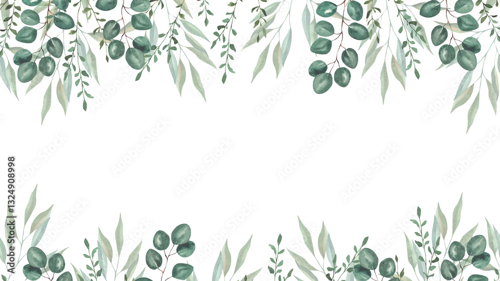 Obraz premium Frame with watercolor illustrations of various herbs. Frame with hand-drawn green branches of herbs. Perfect for wedding, birthday, seasonal holidays.