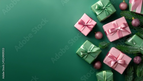 green and pink christmas gifts on green background