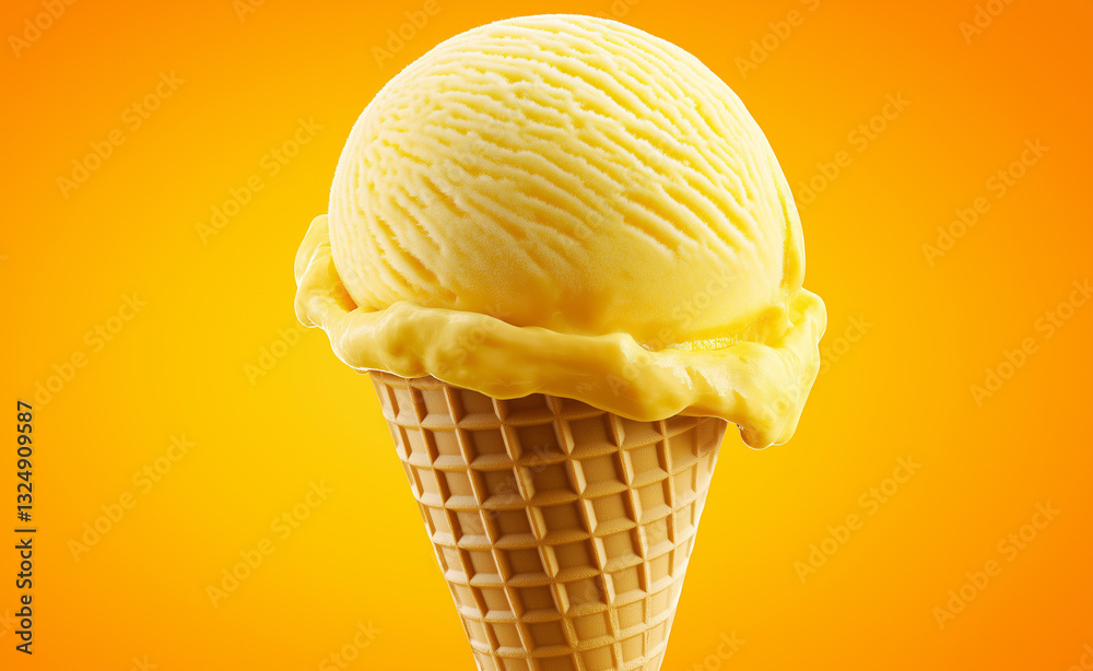 A scoop of yellow ice cream melting on a waffle cone against a vibrant orange background, creating a delicious and refreshing visual. A scoop of yellow ice cream melting on a waffle cone against a vibrant orange background, creating a delicious and refreshing visual.