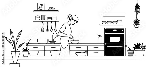 Outline illustration of a person cooking minimal home lifestyle and culinary vector icon