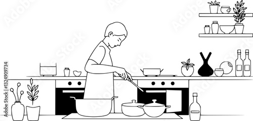 Outline illustration of a person cooking minimal home lifestyle and culinary vector icon