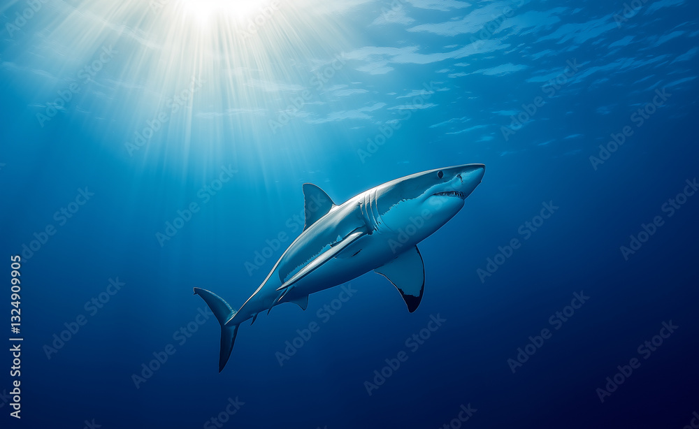 Fototapeta premium A great white shark swimming toward the sunlight in the deep blue ocean, creating a dramatic underwater scene.