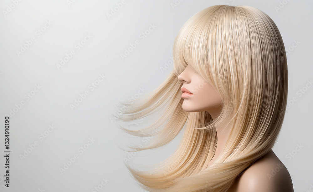 Naklejka premium A mannequin with long, flowing blonde hair styled elegantly, with strands gently blowing in the wind against a neutral background.