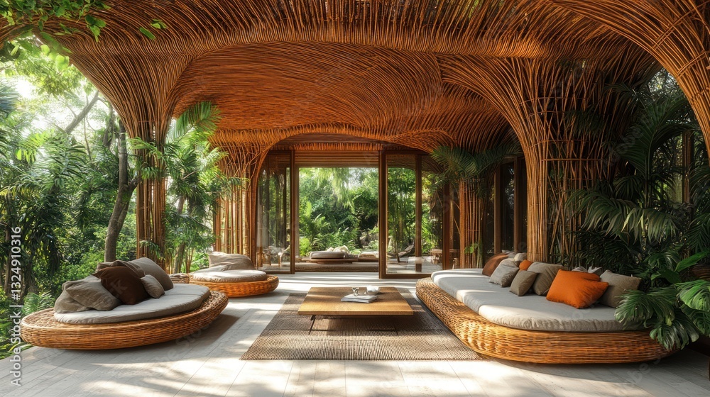 Fototapeta premium Bamboo architecture with open airy spaces, warm natural lighting