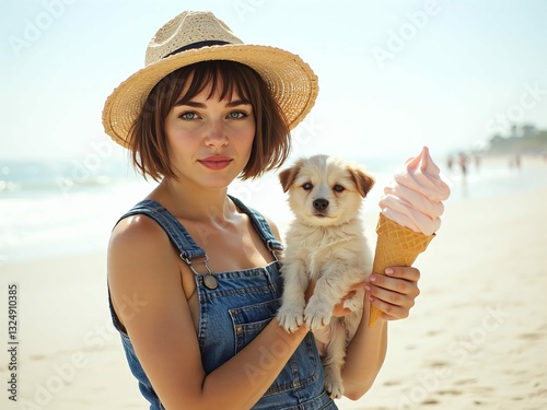  A woman in her 20s with short, bobbed hair and soft eyes wearing a farmer's denim overalls with a wide-brimmed hat, hold a puppy on a beach with giant ice cream cones. photo