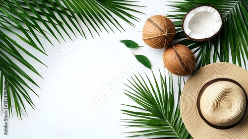 Coconuts and Palm Leaves Isolated on White Background
