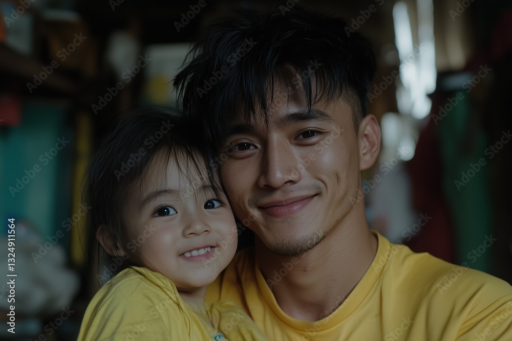 a father and daughter embracing, both wearing yellow shirts and smiling sweetly at the camera. The warm, close-up shot captures the loving bond between them, in a room full of family memories a father and daughter embracing, both wearing yellow shirts and smiling sweetly at the camera. The warm, close-up shot captures the loving bond between them, in a room full of family memories
