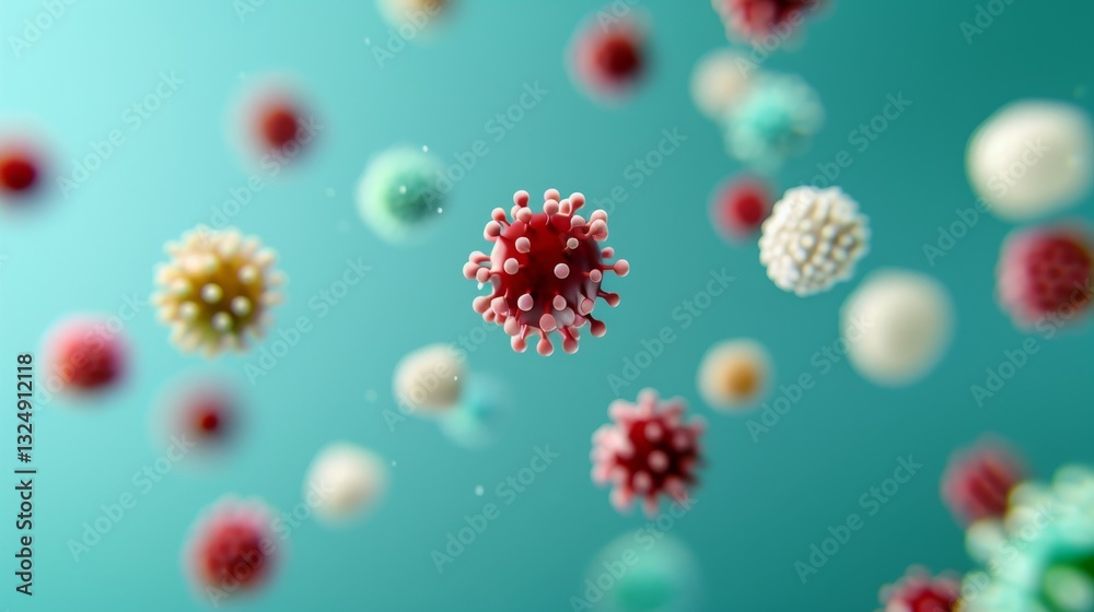 Vibrant pollen grain causing allergy with scattered medical symbols on a teal background
