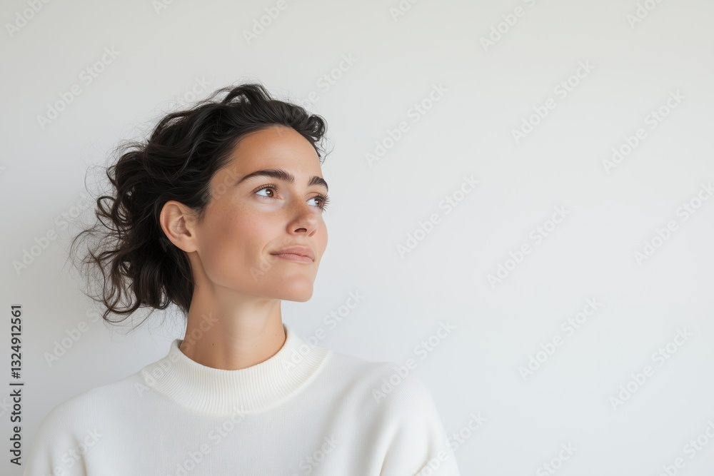 a portrait of a thoughtful woman with curly hair, gazing into the distance. The woman wears a white sweater, looking serene and introspective a portrait of a thoughtful woman with curly hair, gazing into the distance. The woman wears a white sweater, looking serene and introspective