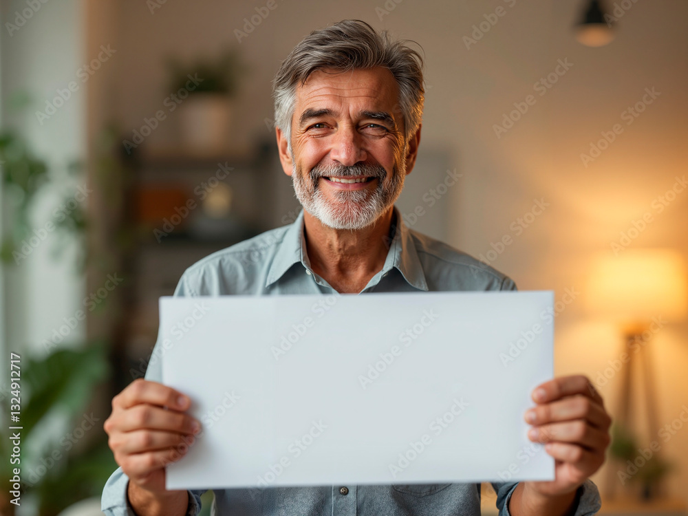 Friendly elderly gentleman with a sincere smile presents a blank white sign, ideal for design, advertising, or a personal message. An elegant and stylish mockup concept. Friendly elderly gentleman with a sincere smile presents a blank white sign, ideal for design, advertising, or a personal message. An elegant and stylish mockup concept.